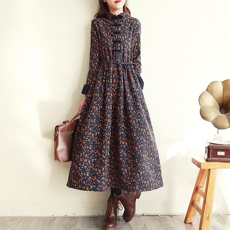 Høst Vinter Retro Floral Plush Thicken Dress