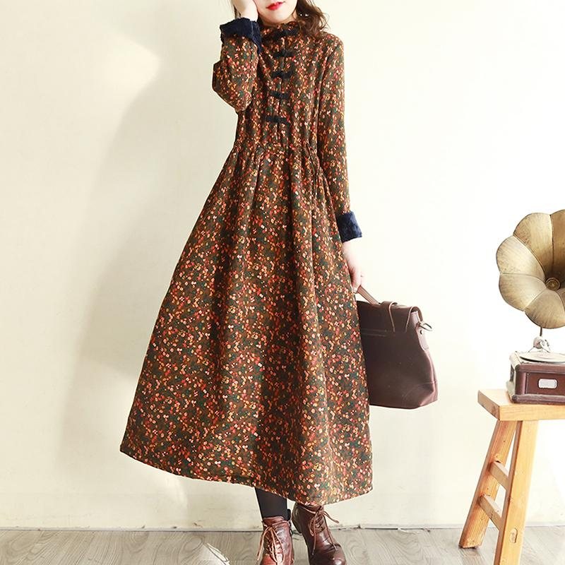 Høst Vinter Retro Floral Plush Thicken Dress