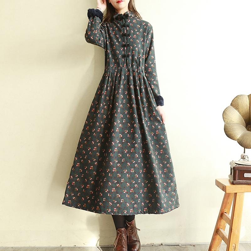 Høst Vinter Retro Floral Plush Thicken Dress