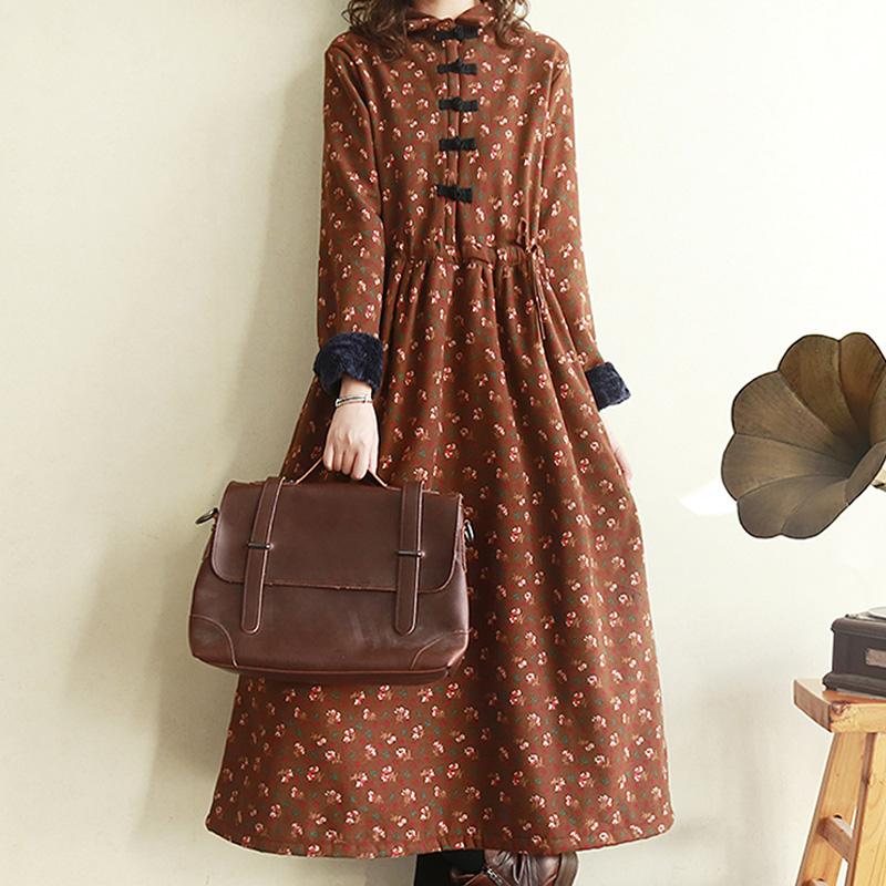 Høst Vinter Retro Floral Plush Thicken Dress