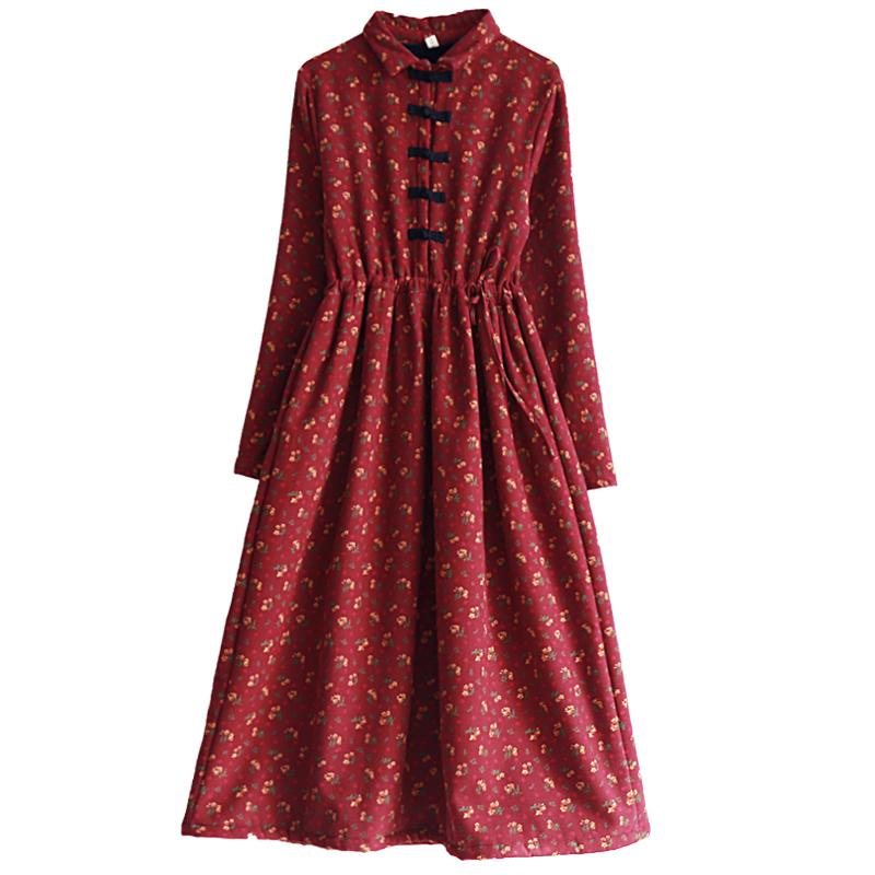 Høst Vinter Retro Floral Plush Thicken Dress