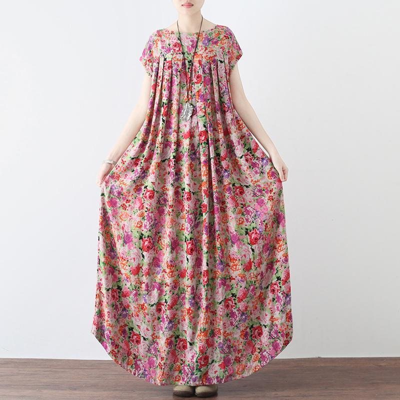 Kvinner Retro Floral Samlet Casual Lin Maxi Kortermet Kjole