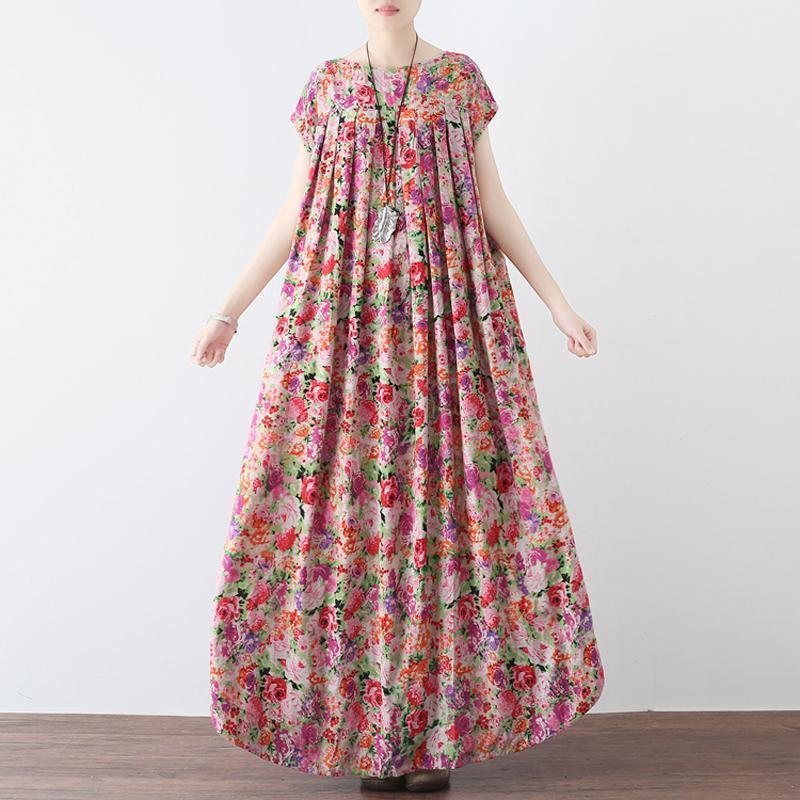 Kvinner Retro Floral Samlet Casual Lin Maxi Kortermet Kjole