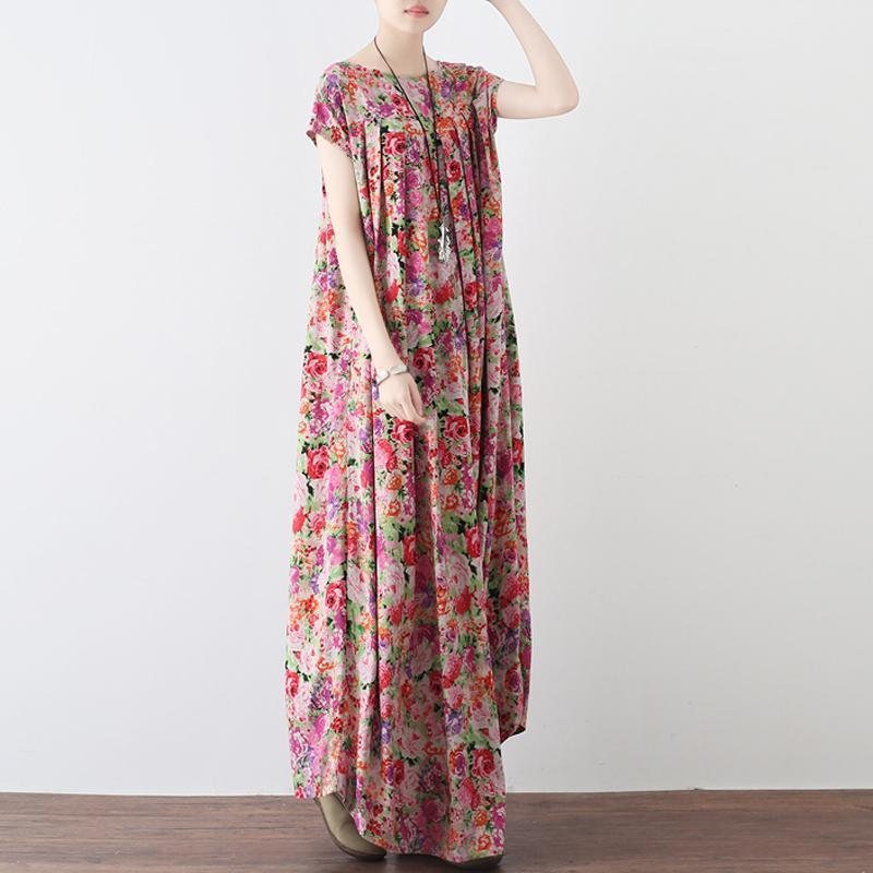 Kvinner Retro Floral Samlet Casual Lin Maxi Kortermet Kjole