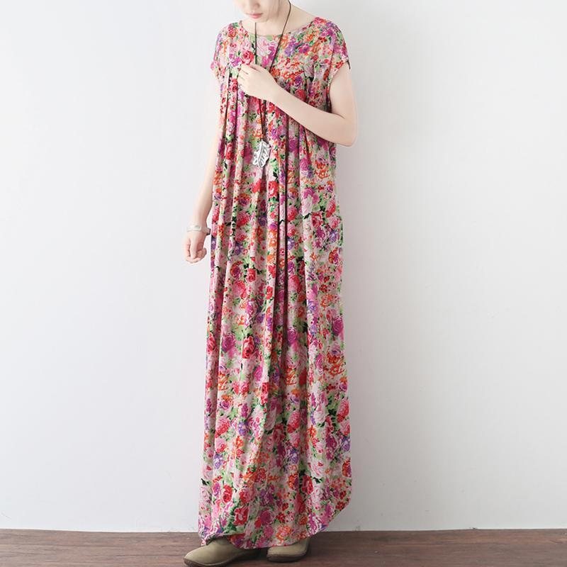 Kvinner Retro Floral Samlet Casual Lin Maxi Kortermet Kjole