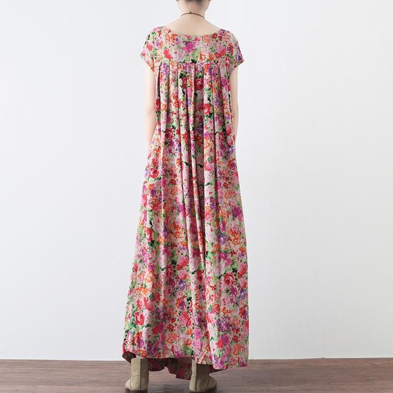 Kvinner Retro Floral Samlet Casual Lin Maxi Kortermet Kjole