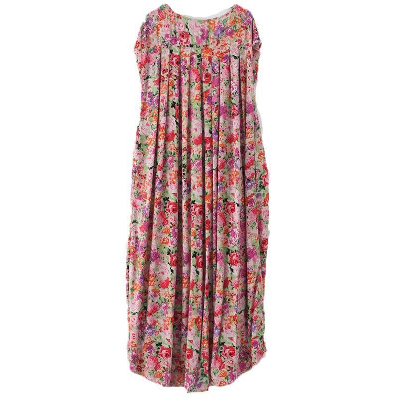 Kvinner Retro Floral Samlet Casual Lin Maxi Kortermet Kjole