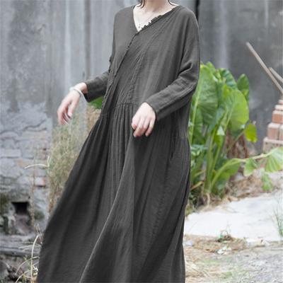 Kvinner Samlet Paneler Solid Surplice Casual Lin Maxi Langermet Kjole