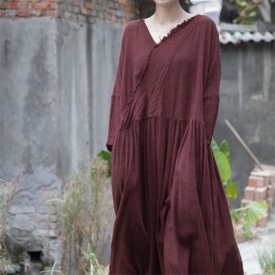 Kvinner Samlet Paneler Solid Surplice Casual Lin Maxi Langermet Kjole