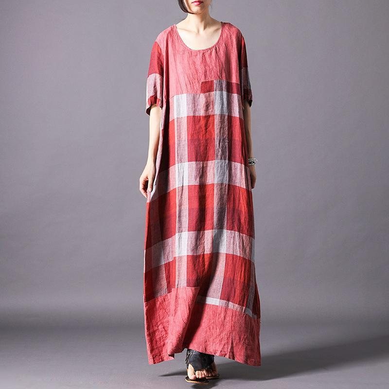 Kvinner Vintage Lin Blend Check Casual Maxi Kortermet Kjole