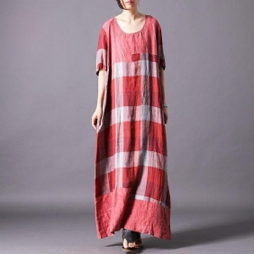 Kvinner Vintage Lin Blend Check Casual Maxi Kortermet Kjole