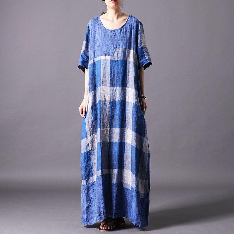 Kvinner Vintage Lin Blend Check Casual Maxi Kortermet Kjole