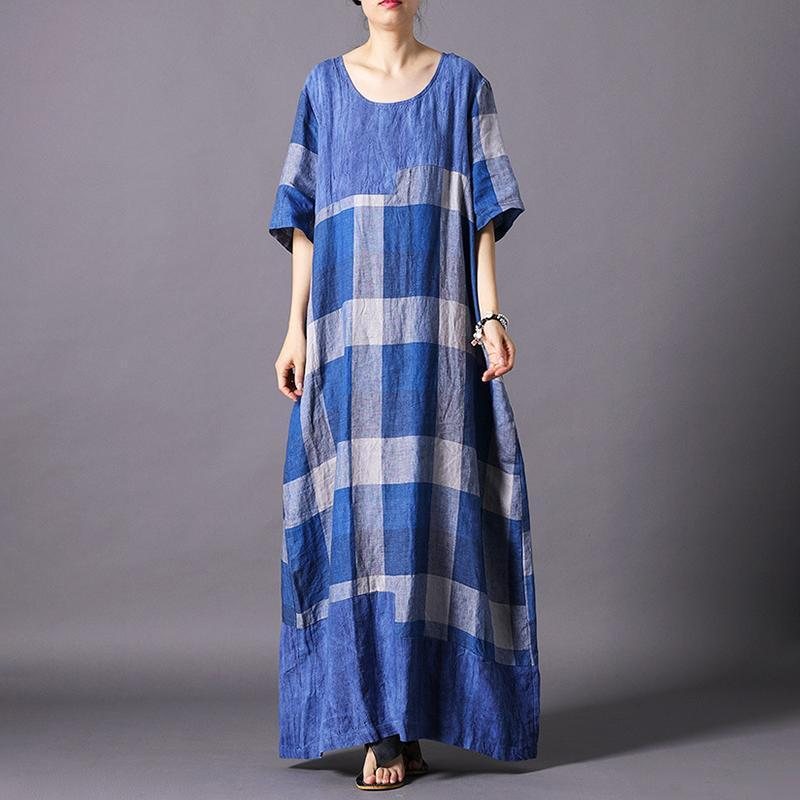 Kvinner Vintage Lin Blend Check Casual Maxi Kortermet Kjole