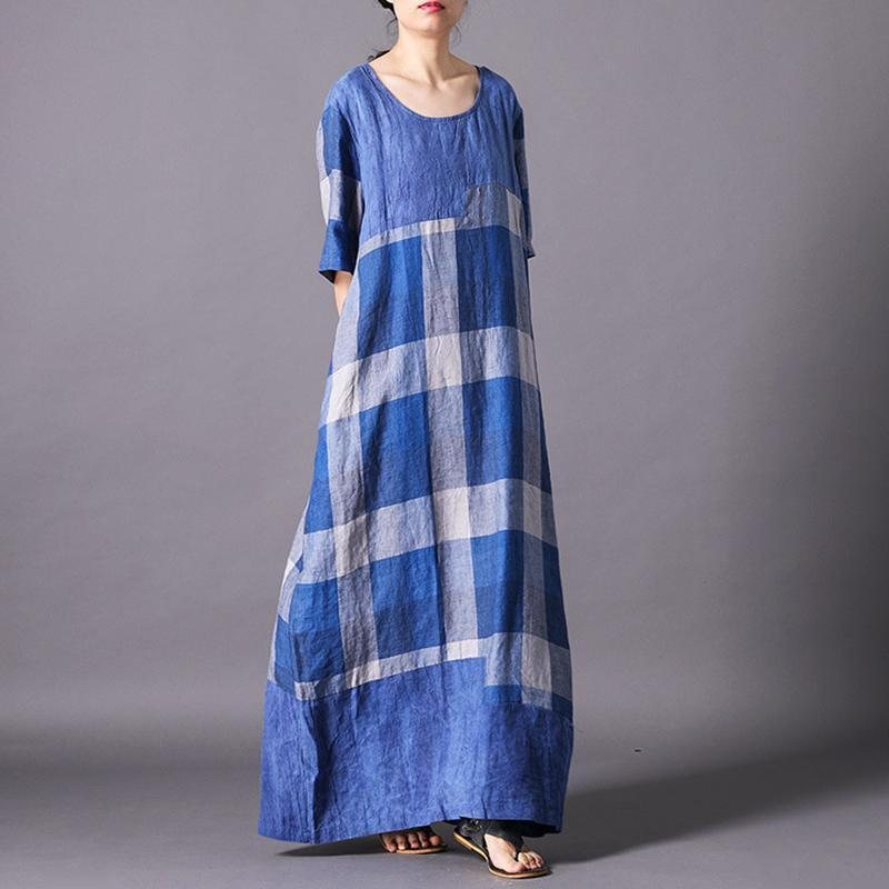 Kvinner Vintage Lin Blend Check Casual Maxi Kortermet Kjole