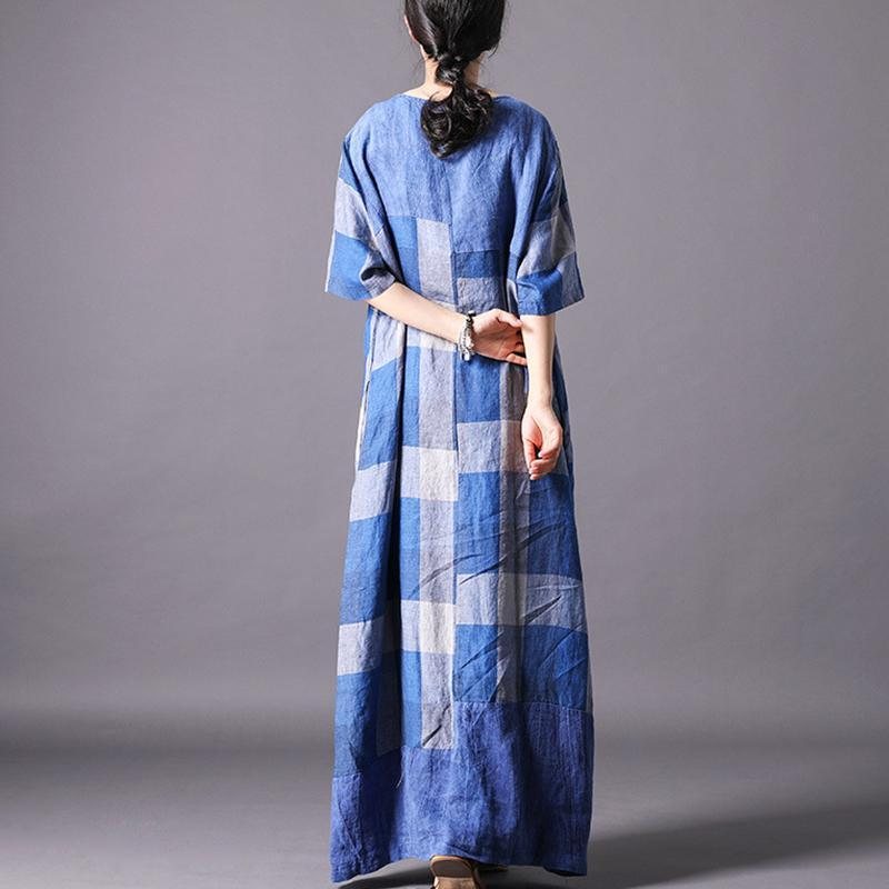 Kvinner Vintage Lin Blend Check Casual Maxi Kortermet Kjole