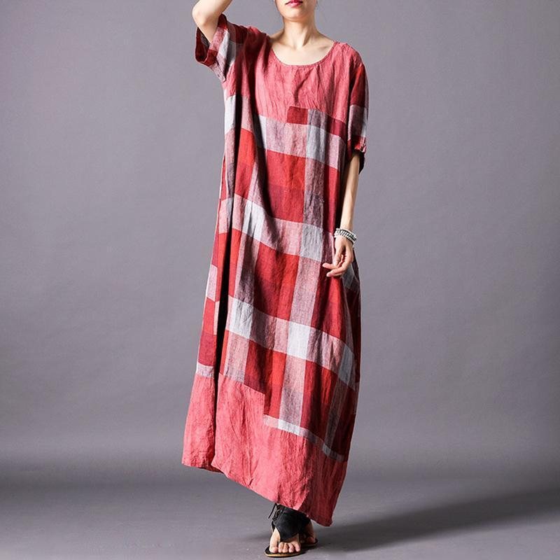 Kvinner Vintage Lin Blend Check Casual Maxi Kortermet Kjole