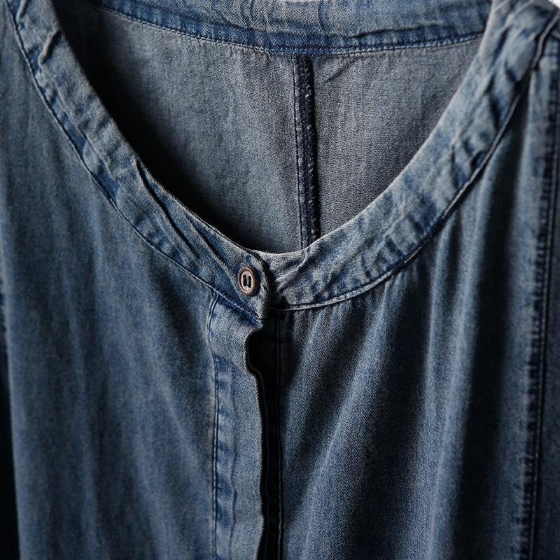 Lommer Med Rund Hals Denim Enkel Sommerkjole