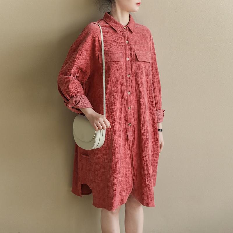 Loose Casual Bubble Cotton Lin Shirt Dress Spring