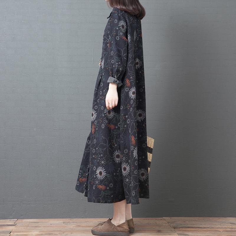 Loose Cotton Floral Langermet Vintage Kjole