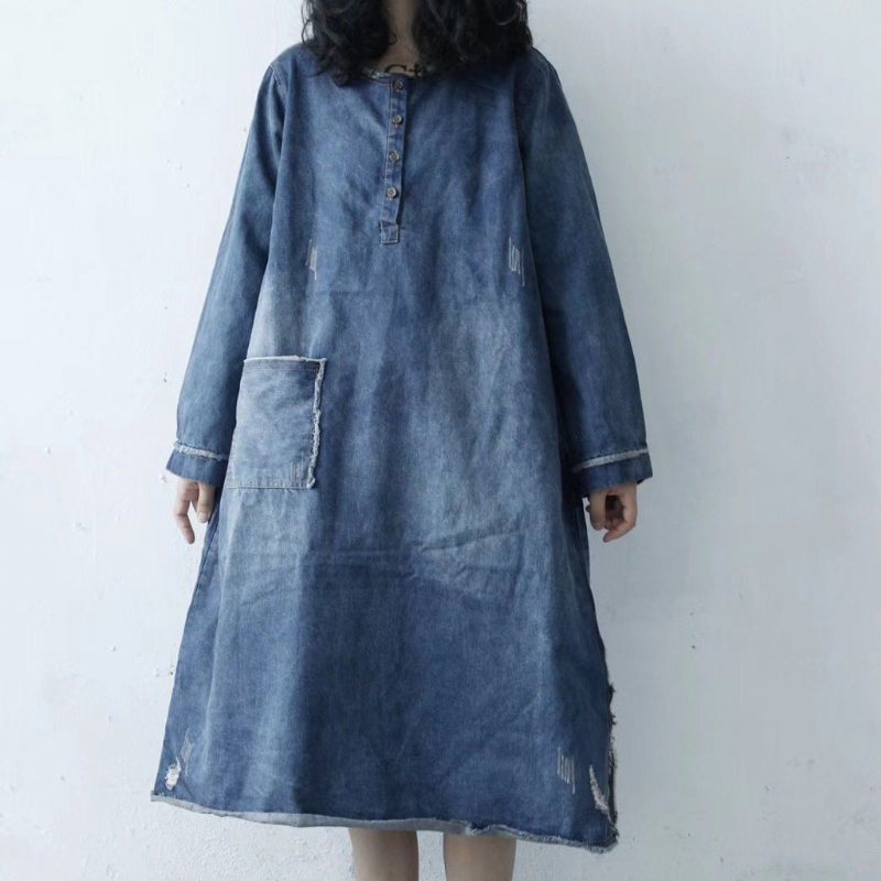 Loose Raw Edge Split Denim Kjole