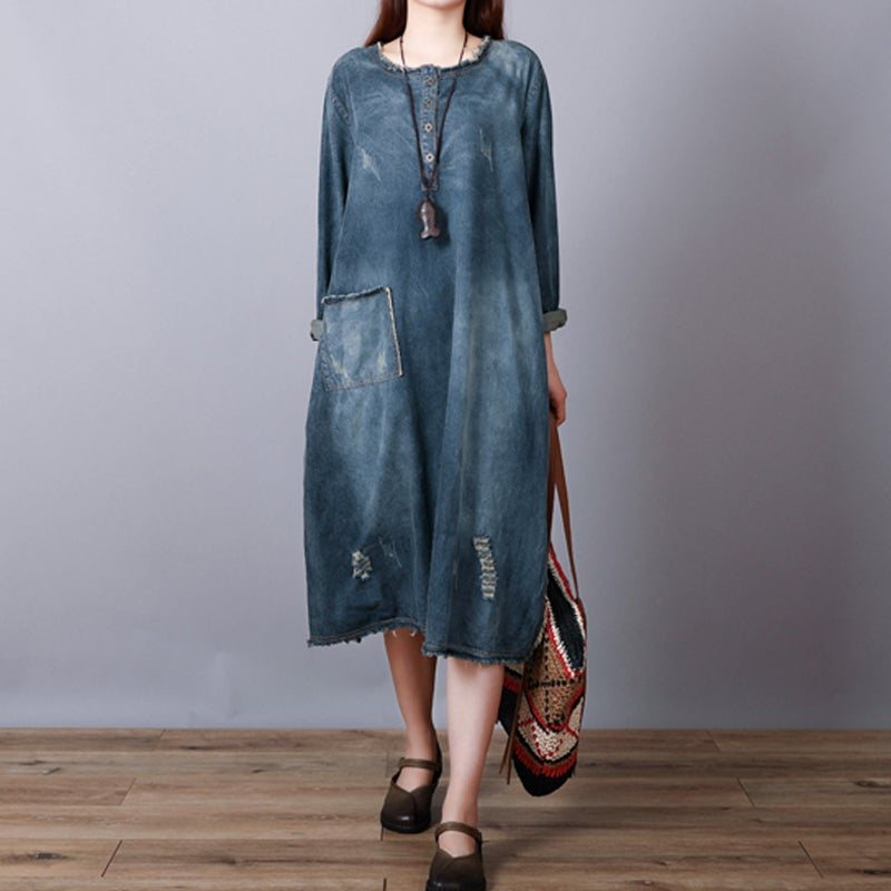 Løs Retro Cotton Denim Ripped Midi Dress