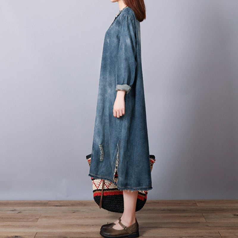 Løs Retro Cotton Denim Ripped Midi Dress