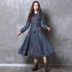 Midjebeltebroderi Vintage Dame Denim Langermet Kjole