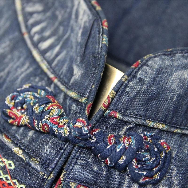 Midjebeltebroderi Vintage Dame Denim Langermet Kjole