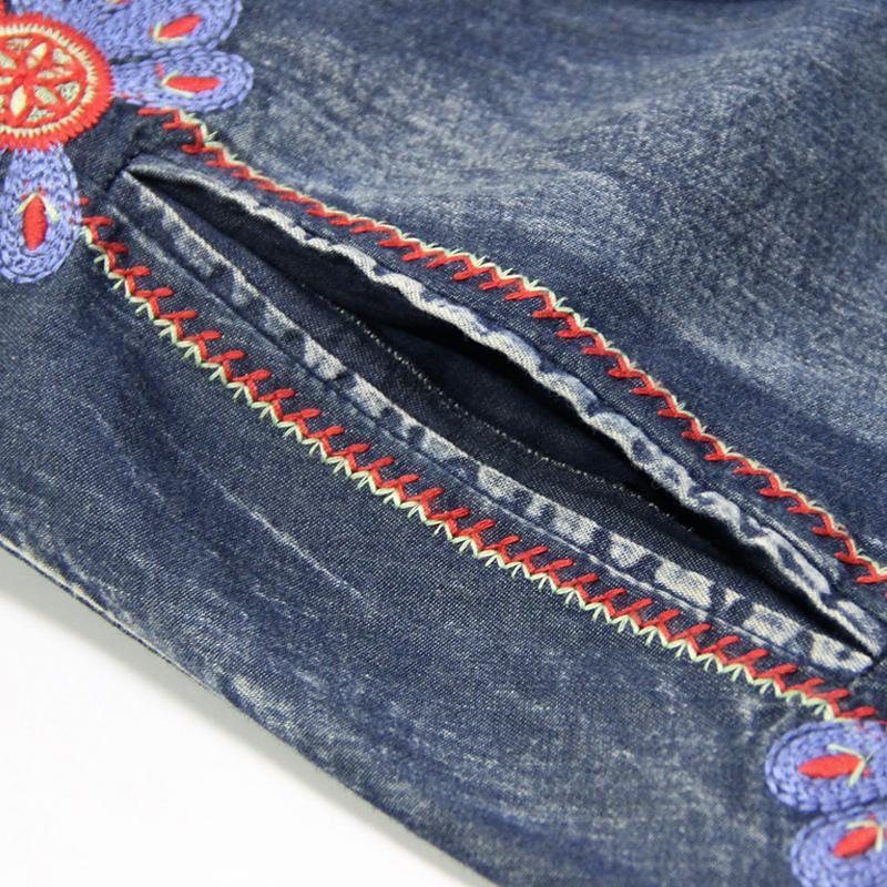 Midjebeltebroderi Vintage Dame Denim Langermet Kjole