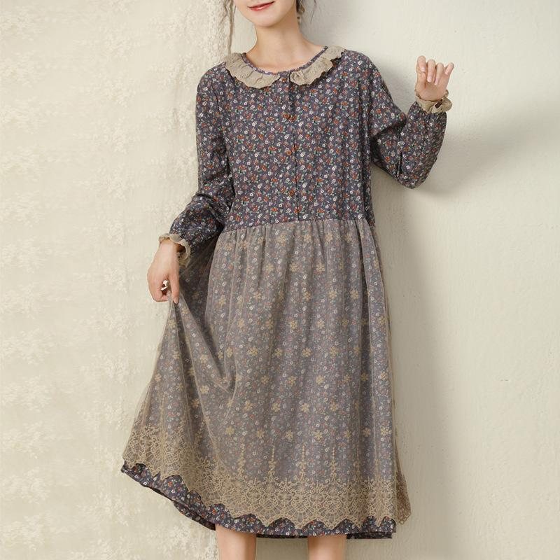 Patchwork Floral Mori Loose Cotton Linen Dress