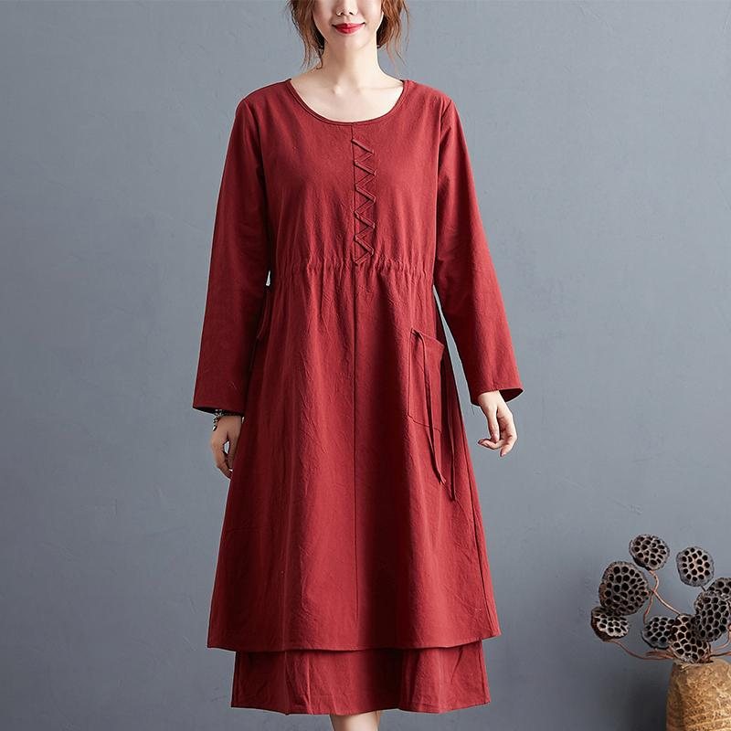 Plus Size Autumn Vintage Cotton Lin A-line Midi Dress