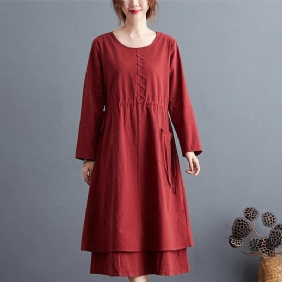 Plus Size Autumn Vintage Cotton Lin A-line Midi Dress