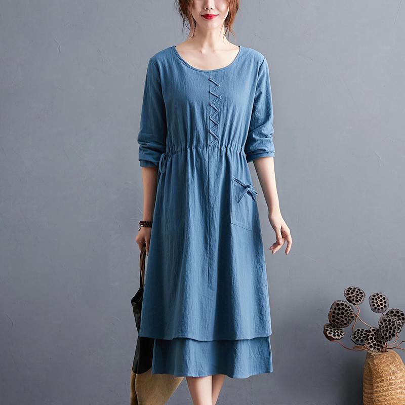 Plus Size Autumn Vintage Cotton Lin A-line Midi Dress