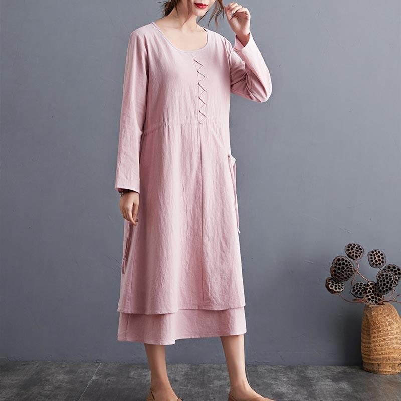 Plus Size Autumn Vintage Cotton Lin A-line Midi Dress