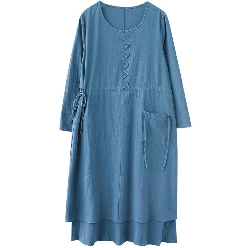 Plus Size Autumn Vintage Cotton Lin A-line Midi Dress