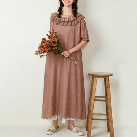 Plus Size Bomull Lin Vintage Broderi Løs Kjole