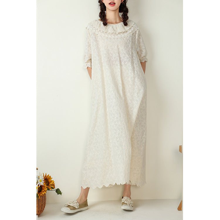 Plus Size Bomull Lin Vintage Broderi Løs Kjole