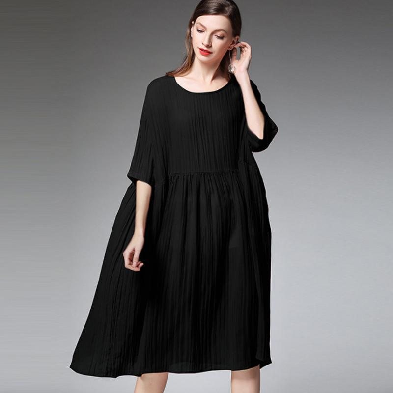 Plus Size Kvinne Plissert Ensfarget Midi-kjole