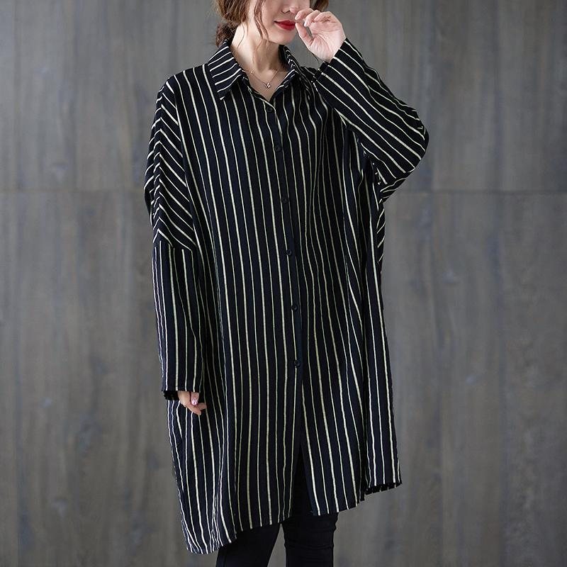 Plus Size Loose Stripe Polo Neck Cotton Midi Dress