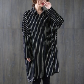 Plus Size Loose Stripe Polo Neck Cotton Midi Dress