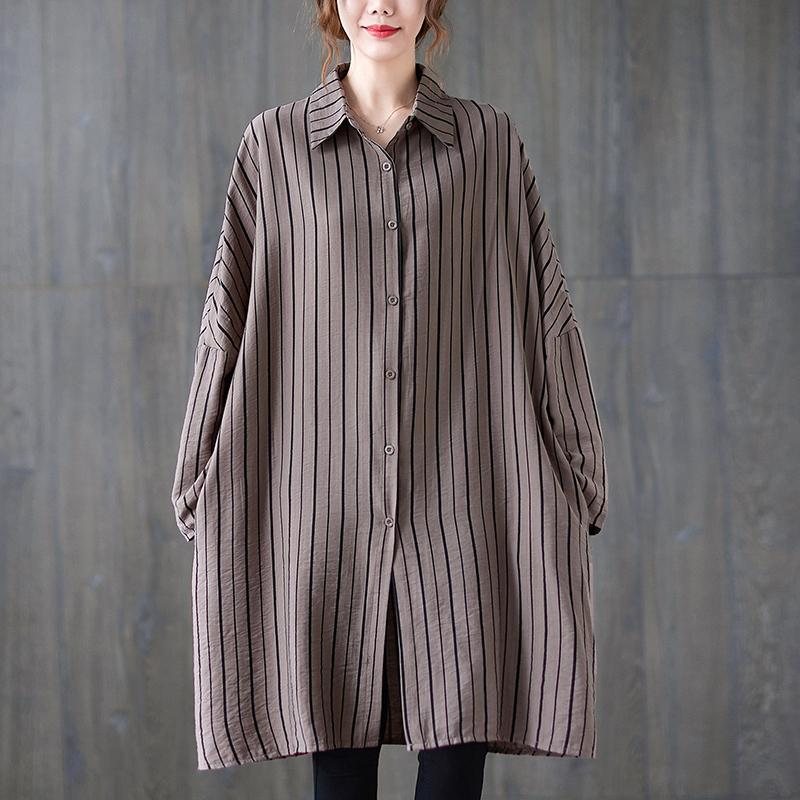 Plus Size Loose Stripe Polo Neck Cotton Midi Dress