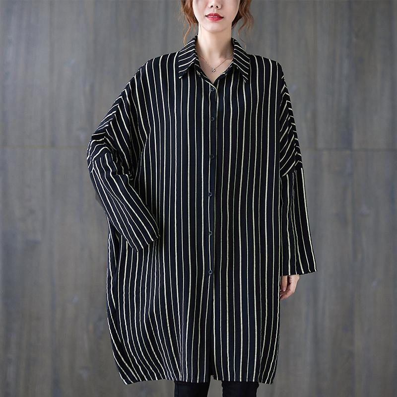 Plus Size Loose Stripe Polo Neck Cotton Midi Dress