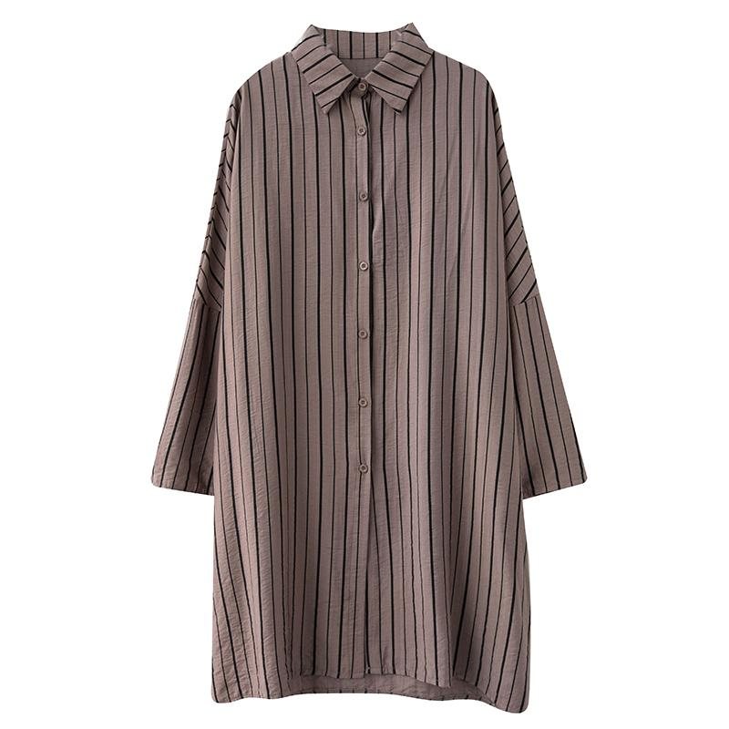 Plus Size Loose Stripe Polo Neck Cotton Midi Dress