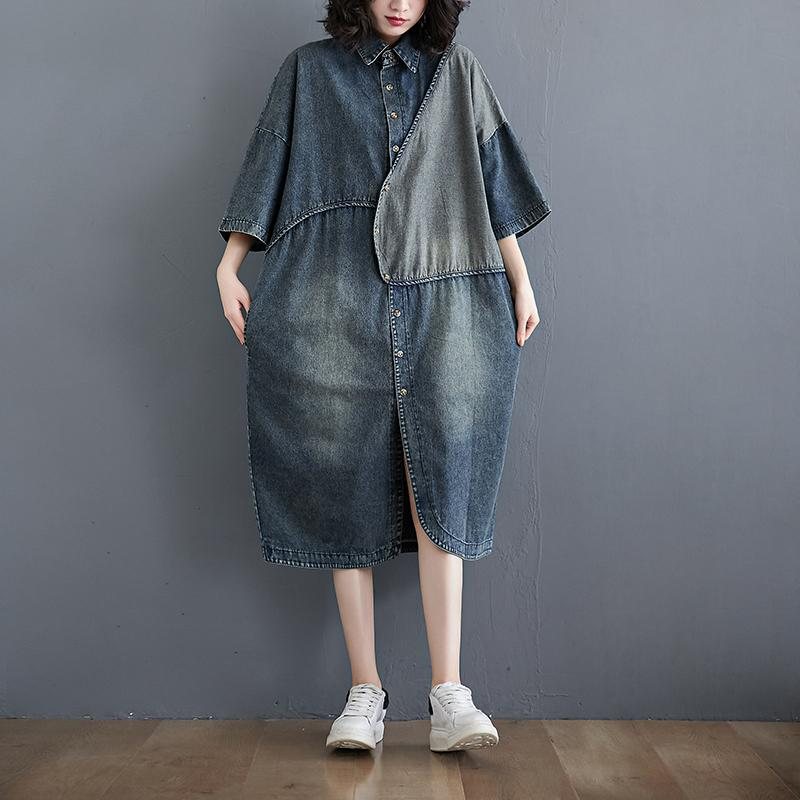 Plus Size Retro Kortermet Løs Denim Skjortekjole