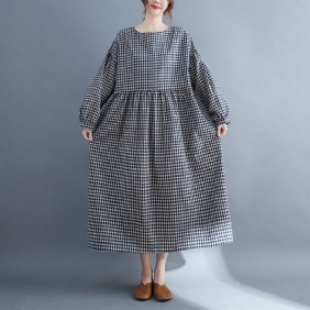 Plus Size Retro Rutet Vårkjole I Bomull