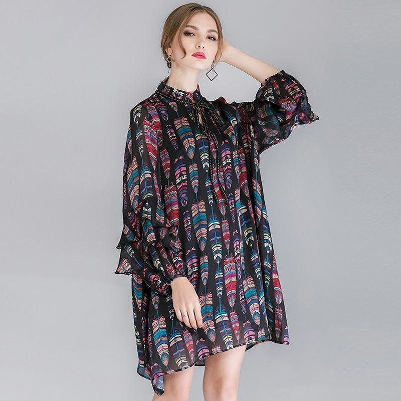 Plus Size Ruffle Sleeve Lacing Printing Langermet Kjole