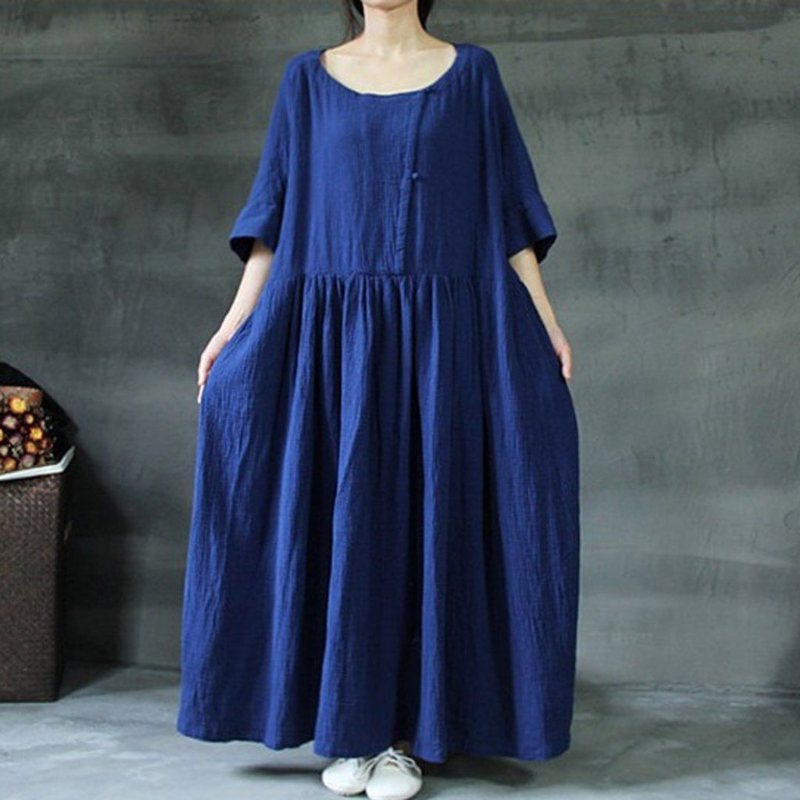 Plus Size Solid Rich Lin Loose Shift Gathered Dress M-5xl