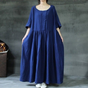 Plus Size Solid Rich Lin Loose Shift Gathered Dress M-5xl