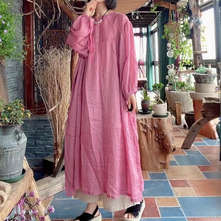 Plus Size Spring Retro Lin Løs Rosa Kjole