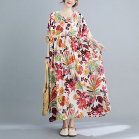 Plus Size Spring Summer Retro Floral Kortermet Bomullskjole